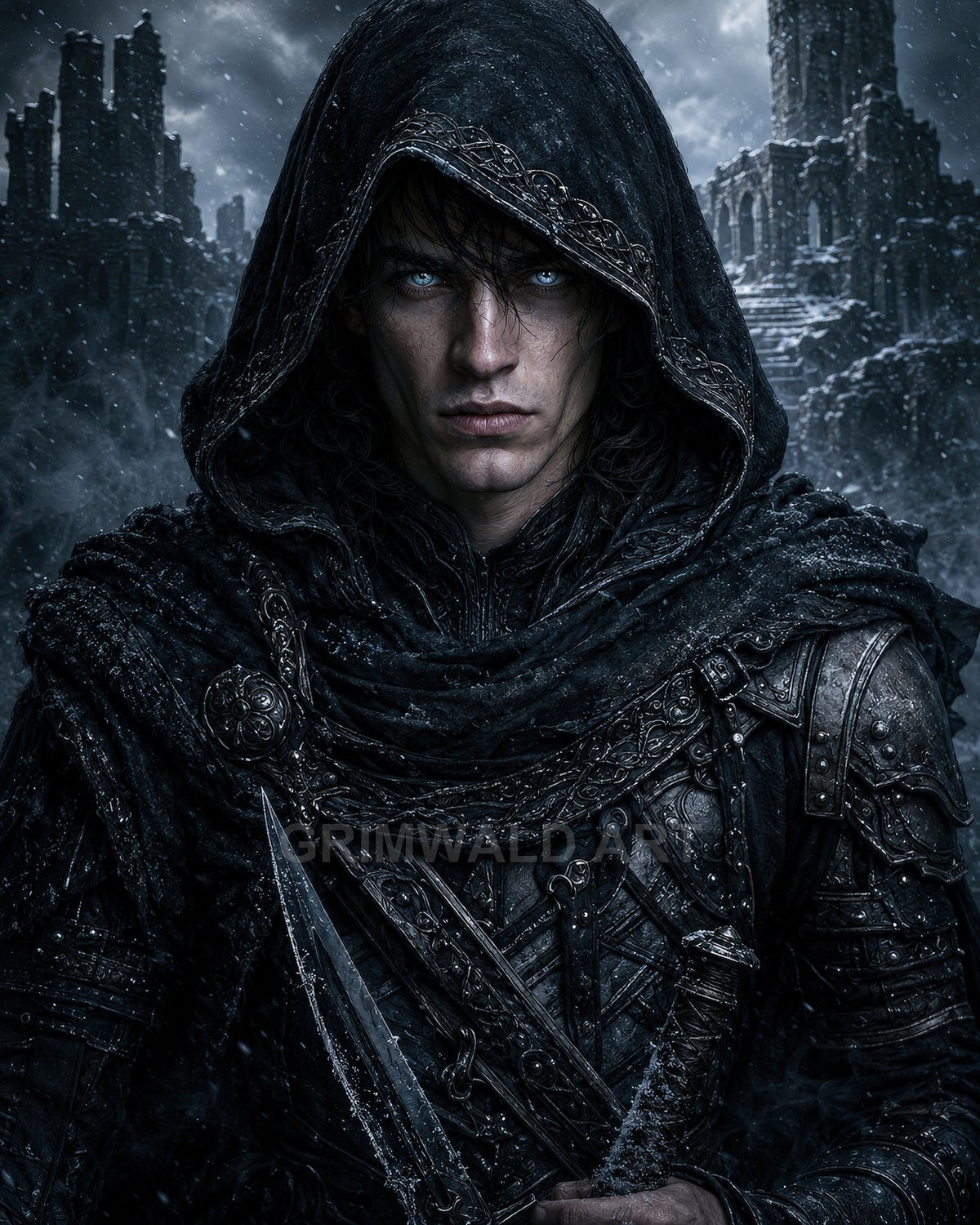 Hooded male assassin in dark armour holds an icy blade, blue eyes glowing, standing before snow-swept ruins under a cold moonlit sky.