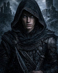 GRID THUMBNAIL — Hooded male assassin in dark armour holds an icy blade, blue eyes glowing, standing before snow-swept ruins under a cold moonlit sky.