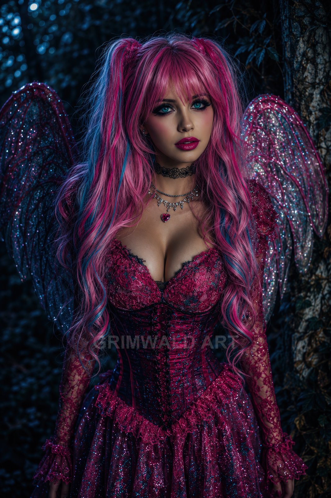 Moonlit portrait of a pink-haired fairy with glittering wings and lace corset, standing by a tree in a dark forest, gazing ahead.