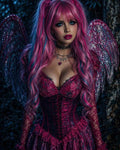 GRID THUMBNAIL — Moonlit portrait of a pink-haired fairy with glittering wings and lace corset, standing by a tree in a dark forest, gazing ahead.
