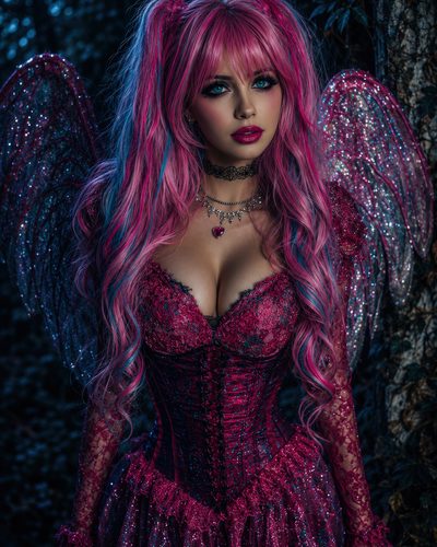 GRID THUMBNAIL — Moonlit portrait of a pink-haired fairy with glittering wings and lace corset, standing by a tree in a dark forest, gazing ahead.