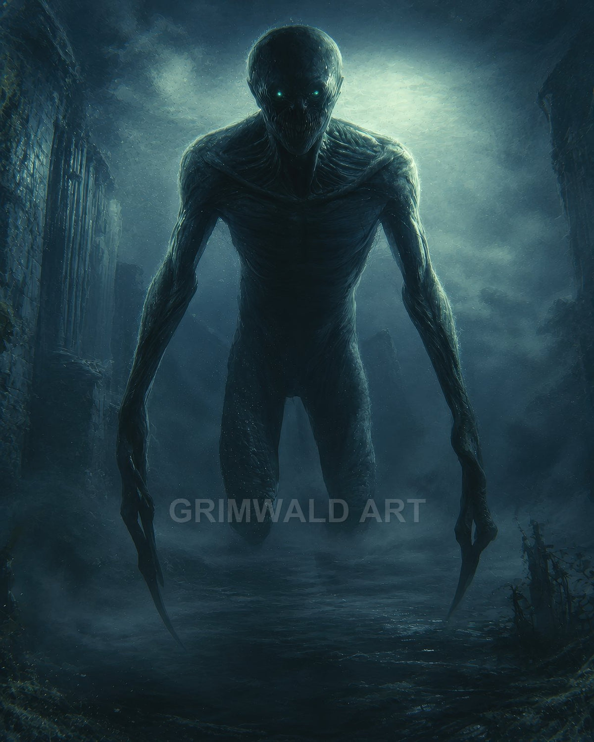 A towering gaunt humanoid creature with glowing eyes and long clawed hands strides through moonlit mist among crumbling ruins, shrouded in shadow.