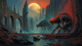 GRID THUMBNAIL — Two skeletal giant creatures crawl through a ruined gothic city beneath a huge full moon, red-lit cliffs and reflective water in a desolate landscape.
