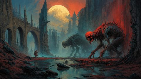 GRID THUMBNAIL — Two skeletal giant creatures crawl through a ruined gothic city beneath a huge full moon, red-lit cliffs and reflective water in a desolate landscape.