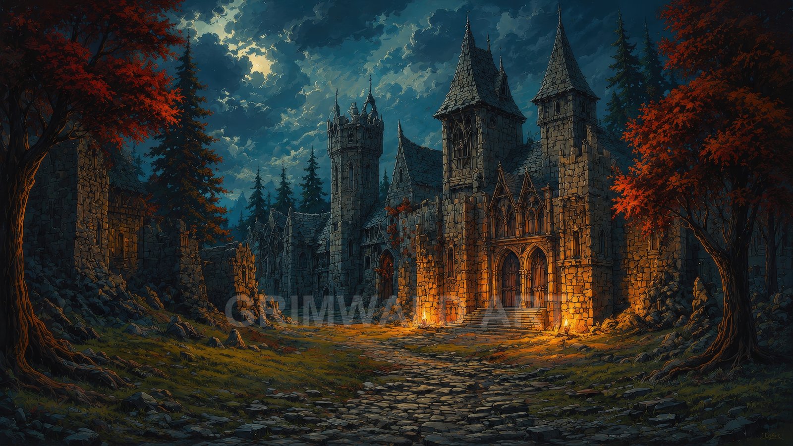 Moonlit Gothic castle amid forest ruins with torches by the gate, cobblestone path, red autumn trees, and dramatic clouds in a deep blue night sky.