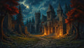 GRID THUMBNAIL — Moonlit Gothic castle amid forest ruins with torches by the gate, cobblestone path, red autumn trees, and dramatic clouds in a deep blue night sky.