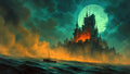 GRID THUMBNAIL — A towering gothic castle glows with orange firelight beside a rough sea under a vast full moon, with a small boat approaching.