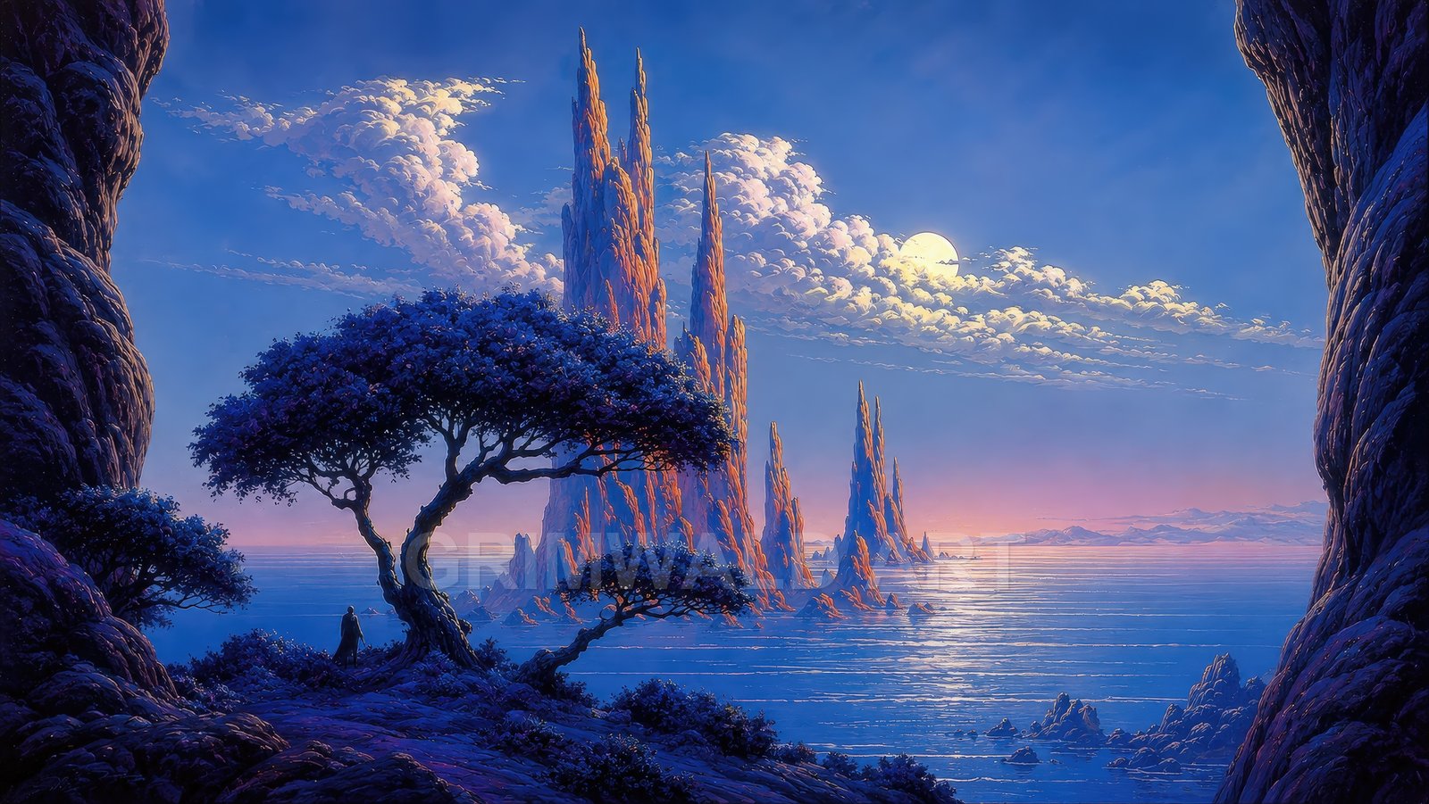 Moonlit coastal fantasy landscape with towering sea-stack spires, calm reflective water, dramatic clouds, and a wind-bent tree silhouetted against deep blue twilight.