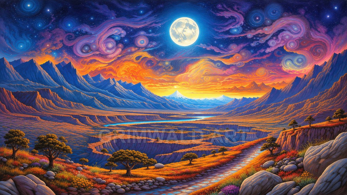 Vivid fantasy landscape with full moon, swirling starry sky, terraced valley, winding river, distant snow peak, and rocky path among colourful trees.