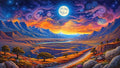 GRID THUMBNAIL — Vivid fantasy landscape with full moon, swirling starry sky, terraced valley, winding river, distant snow peak, and rocky path among colourful trees.