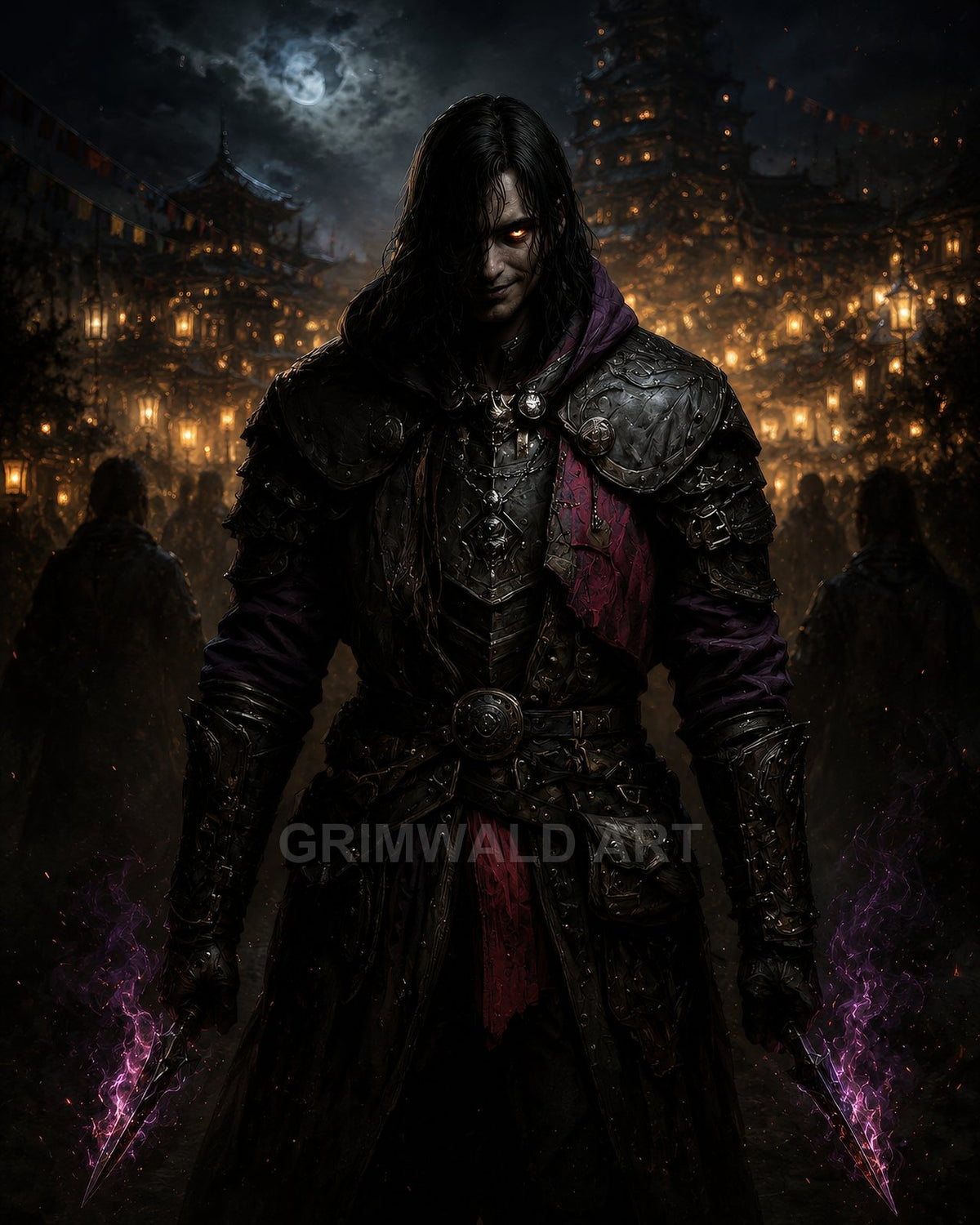 Armoured male assassin with glowing eyes brandishes twin purple energy daggers before a lantern-lit city at night beneath a hazy moon.