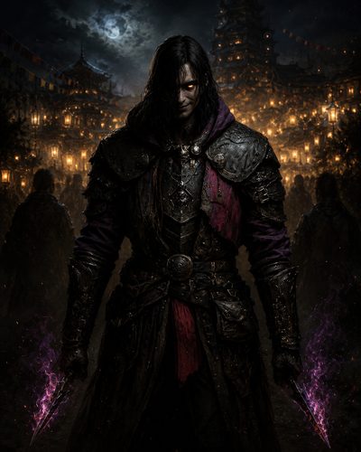 GRID THUMBNAIL — Armoured male assassin with glowing eyes brandishes twin purple energy daggers before a lantern-lit city at night beneath a hazy moon.