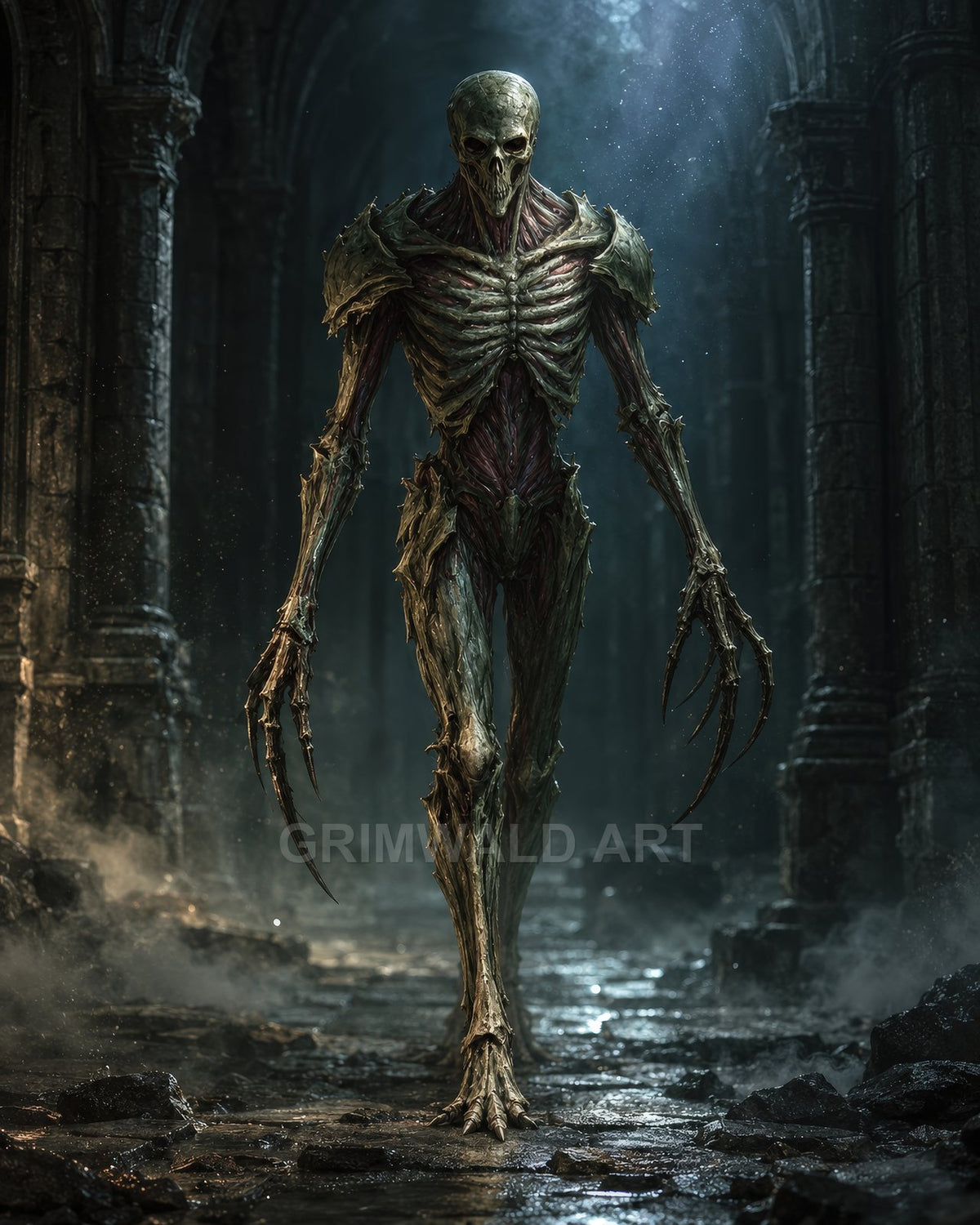 Tall skeletal undead with elongated claws strides through a ruined gothic cathedral, moonlit mist curling over cracked stone floor and weathered arches.