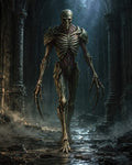 GRID THUMBNAIL — Tall skeletal undead with elongated claws strides through a ruined gothic cathedral, moonlit mist curling over cracked stone floor and weathered arches.