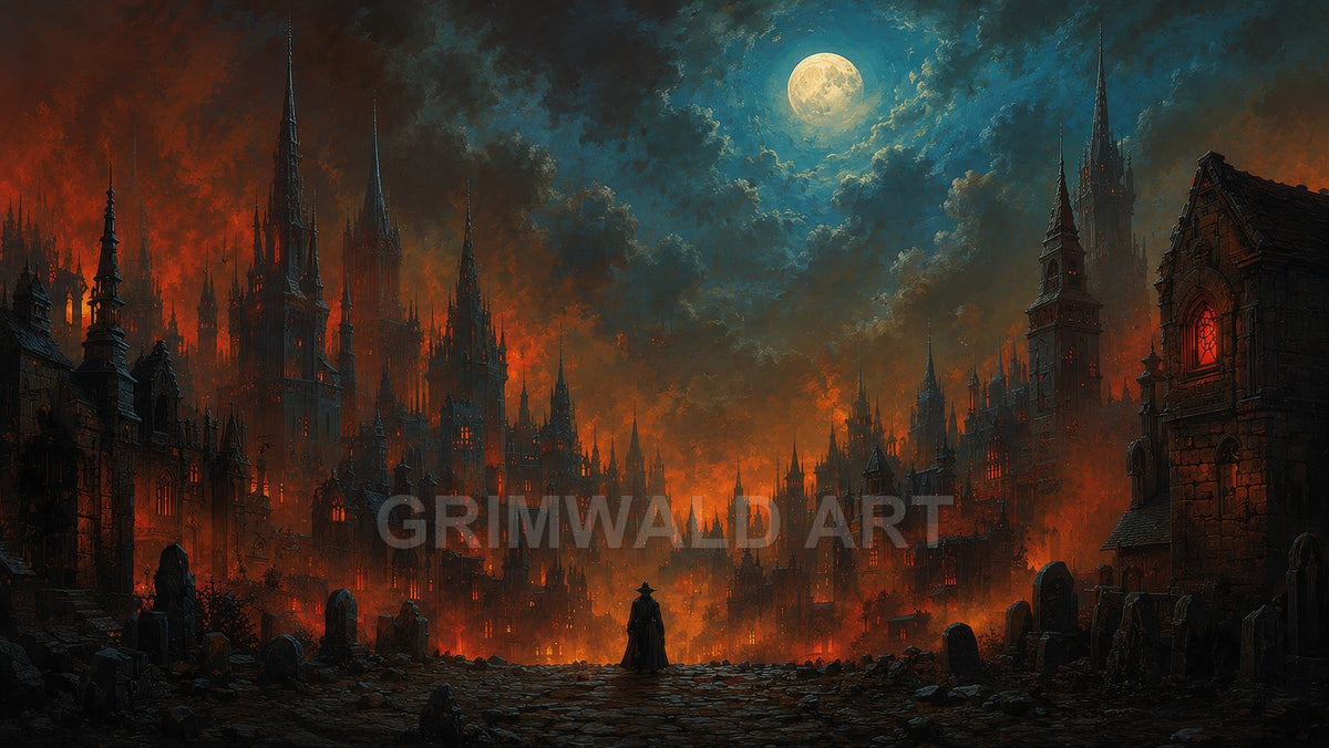 Gothic city of towering spires burns with orange fire beneath a bright full moon, viewed from a cobbled graveyard and lone cloaked figure.