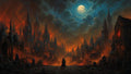 GRID THUMBNAIL — Gothic city of towering spires burns with orange fire beneath a bright full moon, viewed from a cobbled graveyard and lone cloaked figure.