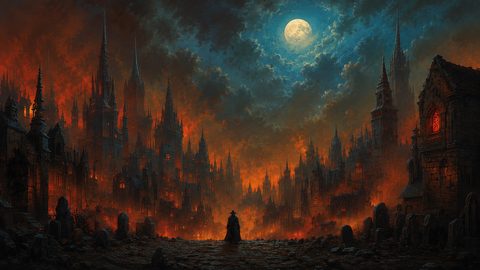 GRID THUMBNAIL — Gothic city of towering spires burns with orange fire beneath a bright full moon, viewed from a cobbled graveyard and lone cloaked figure.