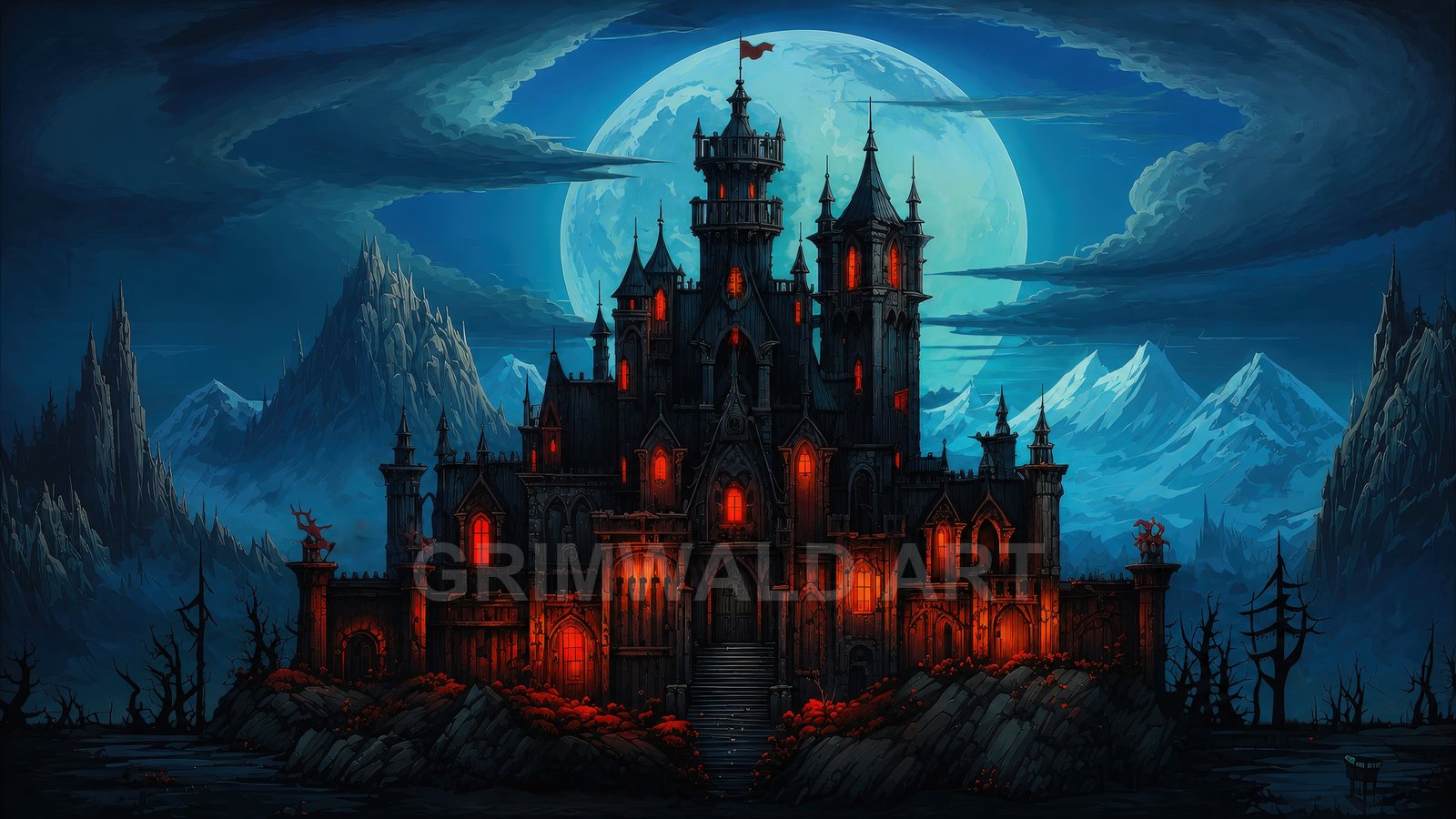 A gothic black castle with glowing red windows stands on a rocky hill beneath a vast full moon, ringed by jagged mountains and barren trees.