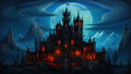 GRID THUMBNAIL — A gothic black castle with glowing red windows stands on a rocky hill beneath a vast full moon, ringed by jagged mountains and barren trees.