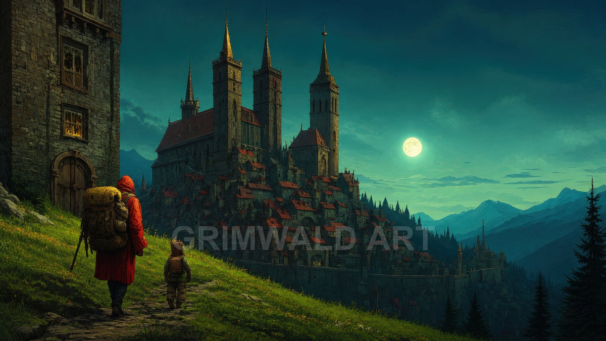 Two cloaked travellers walk a grassy path toward a sprawling hilltop castle city under a full moon, with mountains and pine forests beyond.