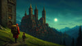 GRID THUMBNAIL — Two cloaked travellers walk a grassy path toward a sprawling hilltop castle city under a full moon, with mountains and pine forests beyond.