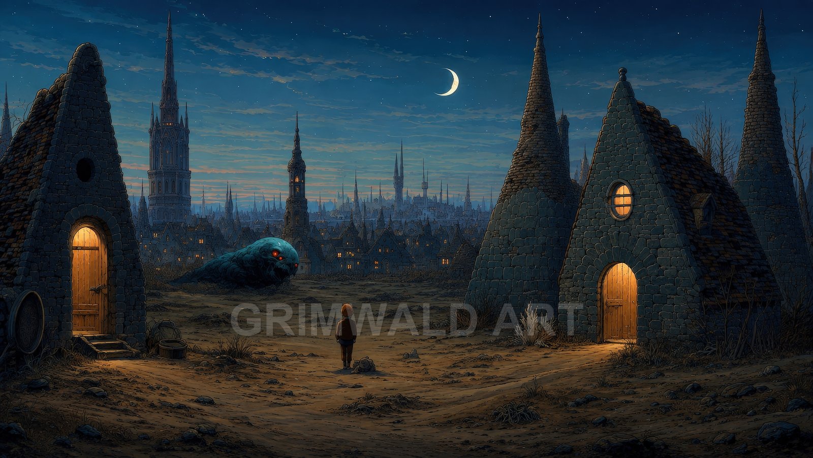 Night scene with a crescent moon over a spired medieval city, stone huts with warm doors, and a small figure facing a lurking red-eyed creature.