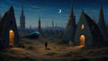GRID THUMBNAIL — Night scene with a crescent moon over a spired medieval city, stone huts with warm doors, and a small figure facing a lurking red-eyed creature.