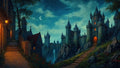 GRID THUMBNAIL — Moonlit medieval castle with glowing windows rises over rocky gorge, viewed from a lamplit village street and stairways under a crescent sky.