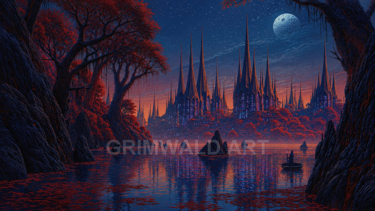 Moonlit fantasy city of soaring spires reflected in a calm lake, framed by red-leaved trees and cliffs under a starry twilight sky.