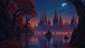 GRID THUMBNAIL — Moonlit fantasy city of soaring spires reflected in a calm lake, framed by red-leaved trees and cliffs under a starry twilight sky.