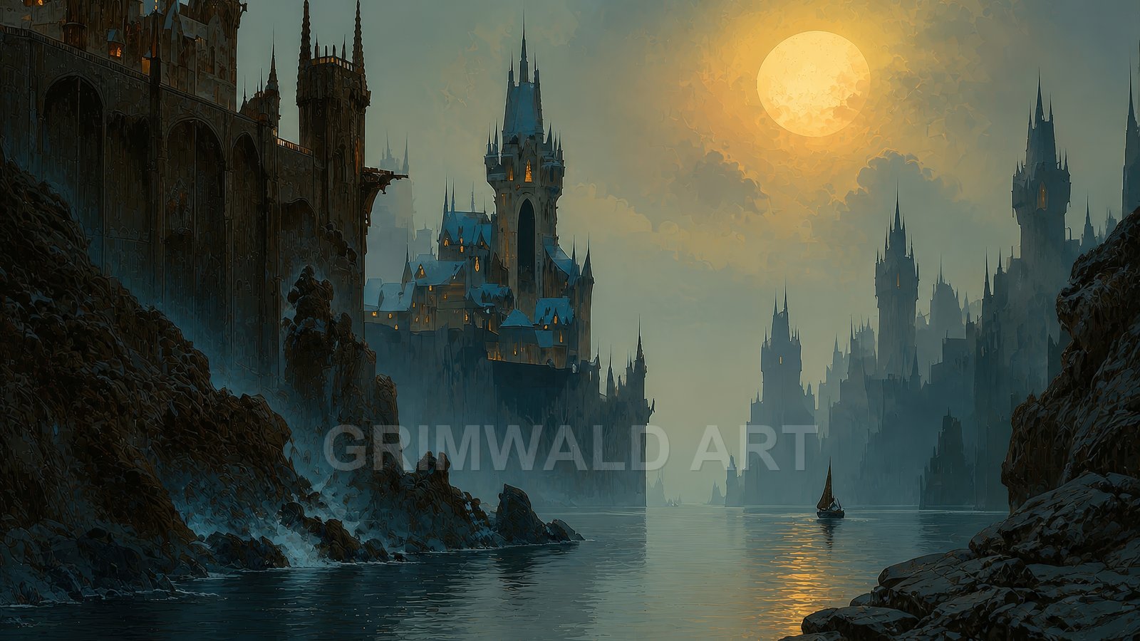 Gothic spired castles line a misty river beneath a glowing full moon, while a lone sailboat drifts across calm, reflective waters.