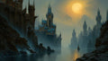 GRID THUMBNAIL — Gothic spired castles line a misty river beneath a glowing full moon, while a lone sailboat drifts across calm, reflective waters.