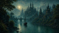 GRID THUMBNAIL — Moonlit fantasy city of towering spires beside a calm river, a lone sailing ship nearing a grand arched bridge under clouds.