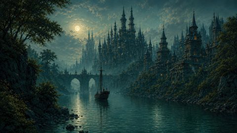 GRID THUMBNAIL — Moonlit fantasy city of towering spires beside a calm river, a lone sailing ship nearing a grand arched bridge under clouds.