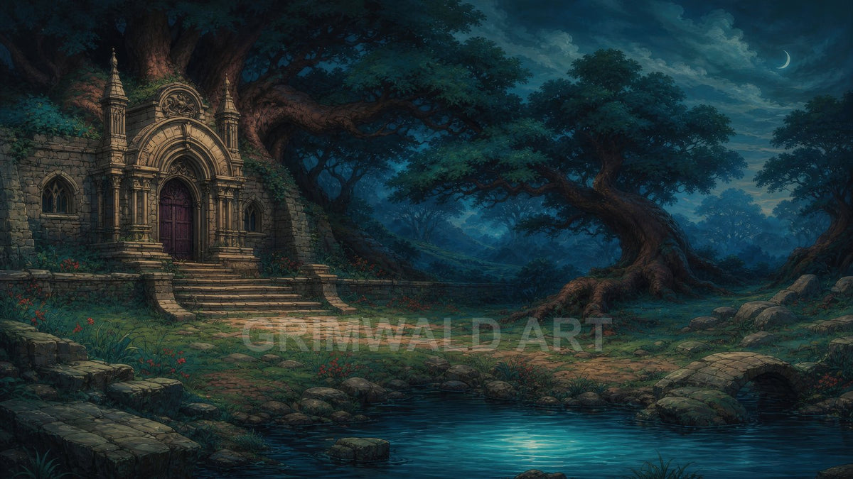 Moonlit forest scene with an ancient stone temple, arched doorway, steps and spires, beside a glowing pond and small arched bridge under a crescent moon.