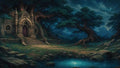 GRID THUMBNAIL — Moonlit forest scene with an ancient stone temple, arched doorway, steps and spires, beside a glowing pond and small arched bridge under a crescent moon.