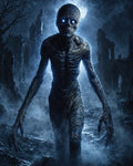 GRID THUMBNAIL — Emaciated undead figure with glowing blue eyes stalks through misty ruins under a full moon, rendered in dark, blue-toned fantasy style.