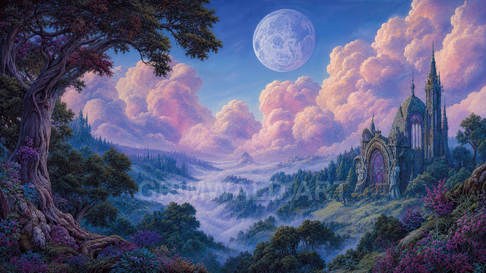 Lush forested valley with drifting mist beneath pink and purple clouds, a large full moon, ornate gothic cathedral on a hillside, and an ancient tree.