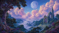 GRID THUMBNAIL — Lush forested valley with drifting mist beneath pink and purple clouds, a large full moon, ornate gothic cathedral on a hillside, and an ancient tree.