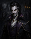 GRID THUMBNAIL — Pale vampire noble in a purple high-collared coat with red jewel, standing in a moonlit gothic city of spires and gas lamps.