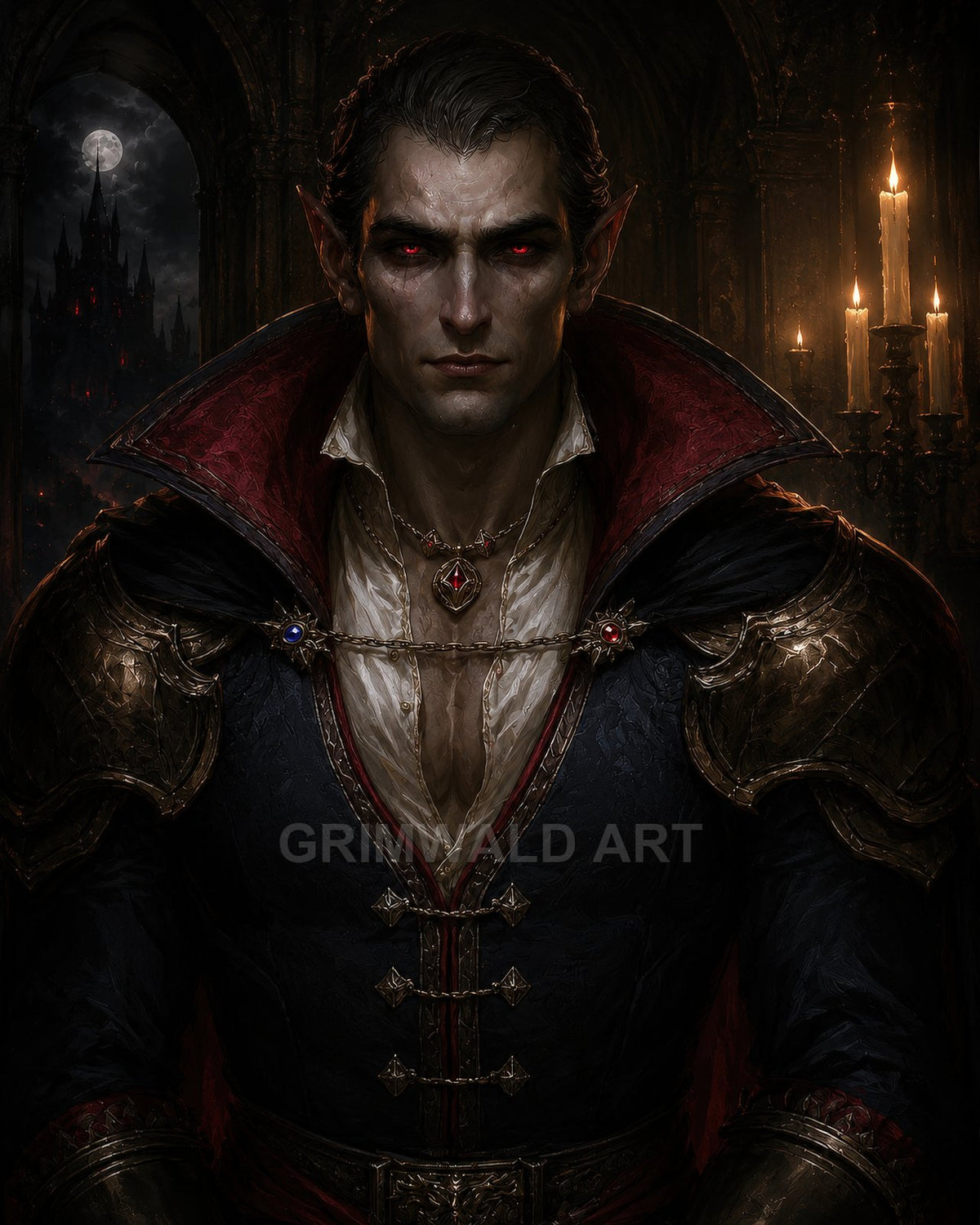 A stern male vampire with red eyes and ornate armour stands in a candlelit gothic hall, moonlit castle visible through an archway.