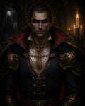GRID THUMBNAIL — A stern male vampire with red eyes and ornate armour stands in a candlelit gothic hall, moonlit castle visible through an archway.