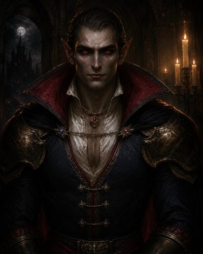 GRID THUMBNAIL — A stern male vampire with red eyes and ornate armour stands in a candlelit gothic hall, moonlit castle visible through an archway.
