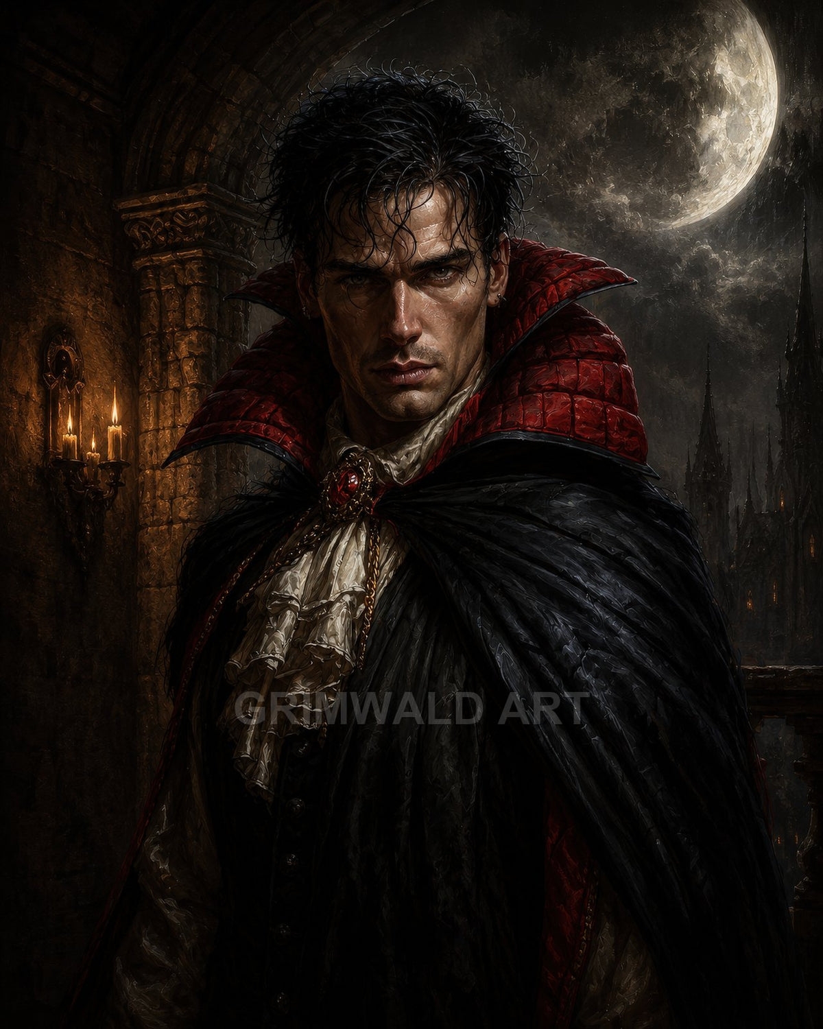 A brooding male vampire in a red-collared black cloak stands in a gothic castle archway under a dramatic full moon at night.