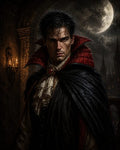 GRID THUMBNAIL — A brooding male vampire in a red-collared black cloak stands in a gothic castle archway under a dramatic full moon at night.