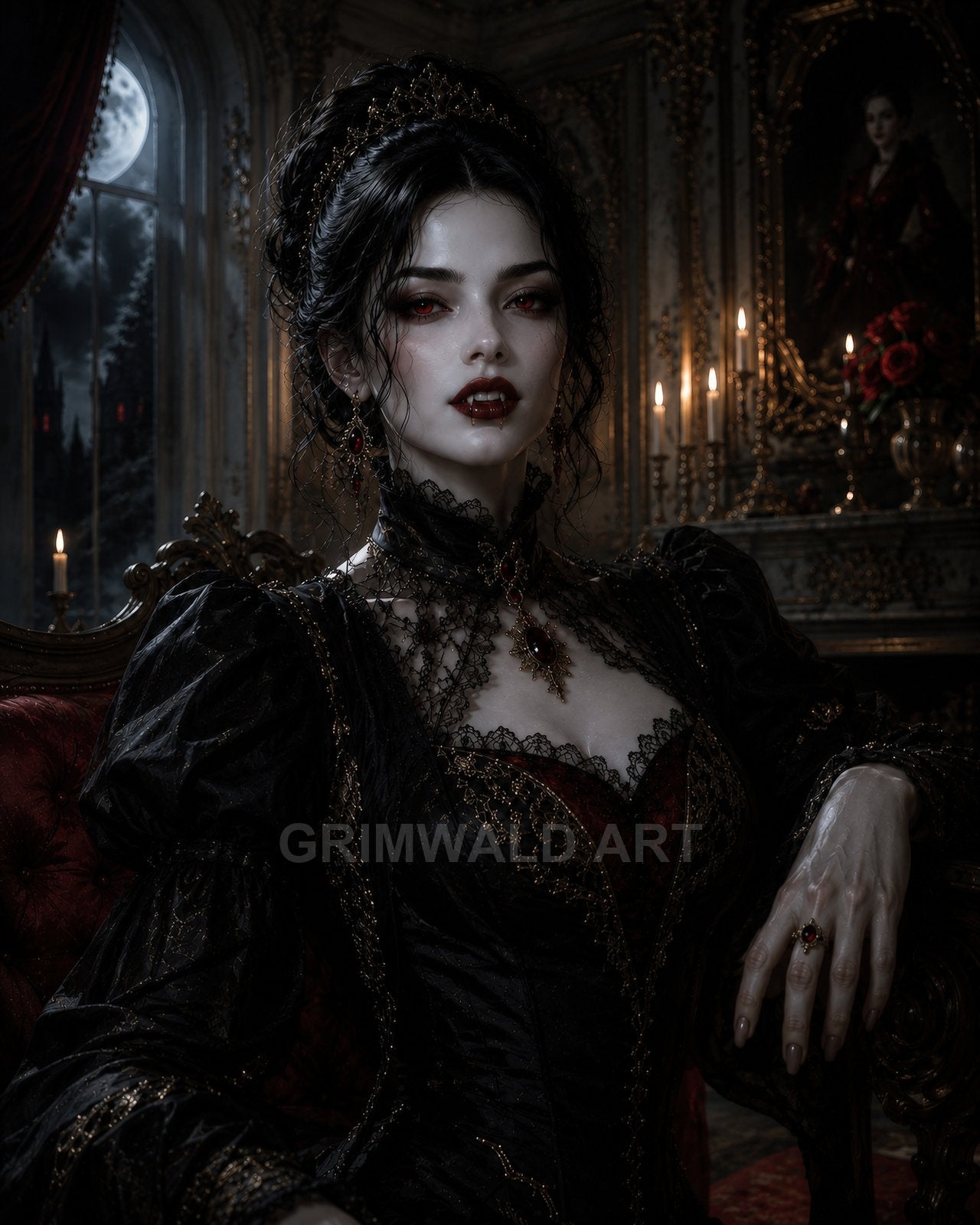 Gothic vampire countess with tiara and ruby jewellery, fangs showing, seated in a candlelit castle interior beside a moonlit arched window.