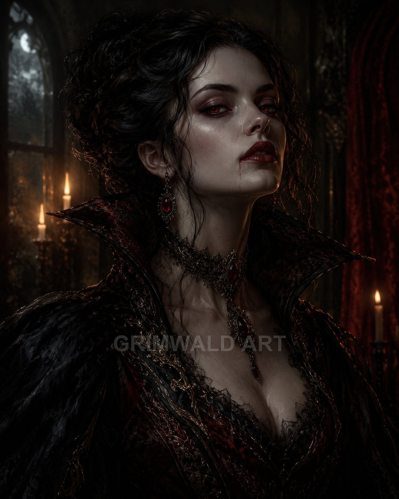 Portrait of a pale vampire woman with red eyes and bloodied lips, wearing ornate garnet jewellery in a candlelit, moonlit castle interior.