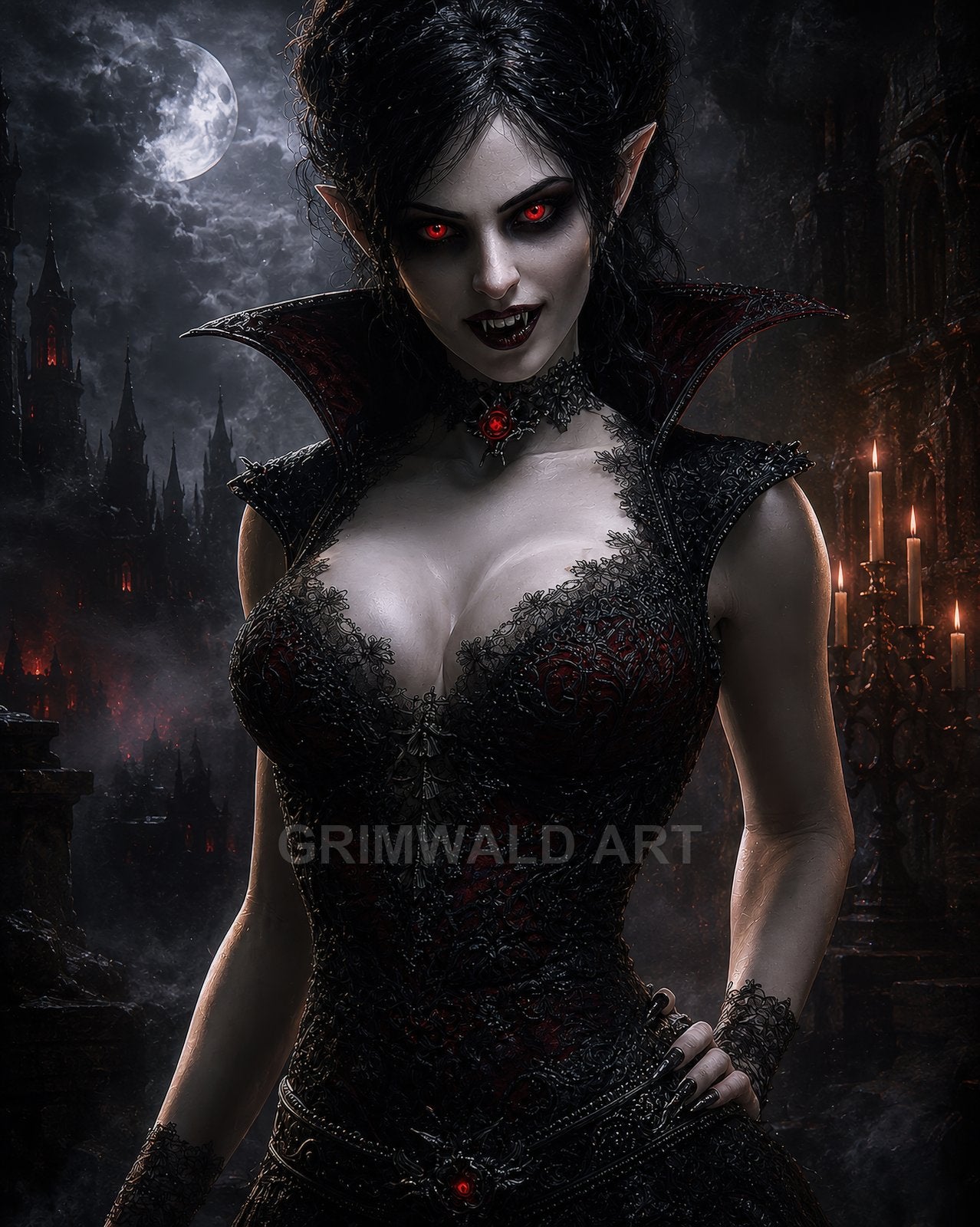 Gothic female vampire with glowing red eyes and fangs, wearing ornate black lace, before a moonlit castle with flickering candles.