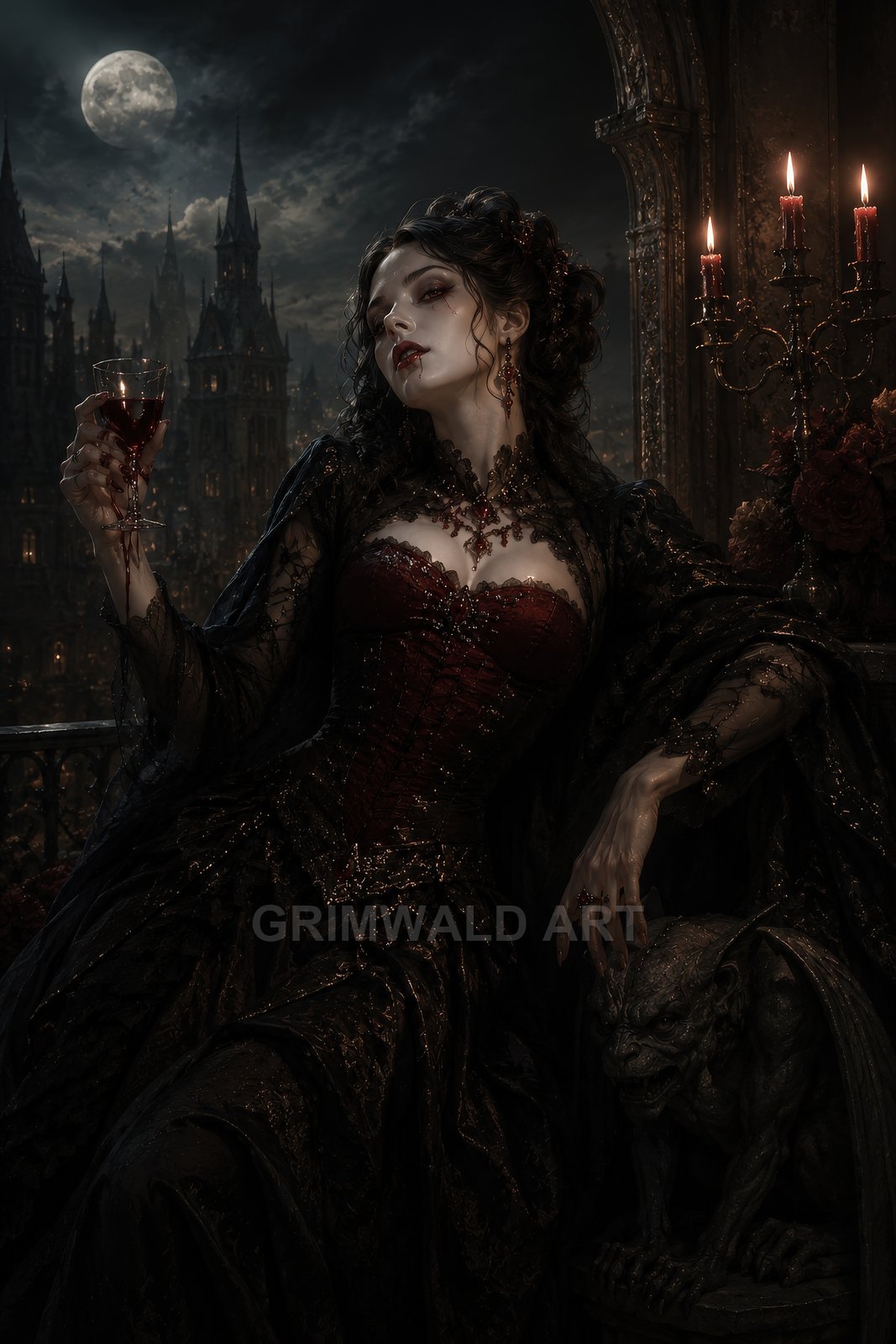 A pale vampire noblewoman in a red corset gown reclines by a candelabra, holding a goblet, with a gargoyle and moonlit gothic city behind.