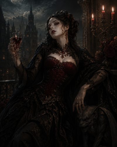 GRID THUMBNAIL — A pale vampire noblewoman in a red corset gown reclines by a candelabra, holding a goblet, with a gargoyle and moonlit gothic city behind.